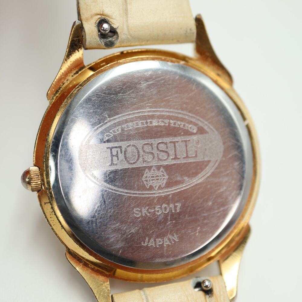 Vintage Fossil Faux Skeleton MOP 34mm Unisex Watch Beige Leather w New Battery - Picture 15 of 15